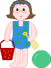 Cute Little Dark Hair Girl with Pail and Shovel, Shells and Ball