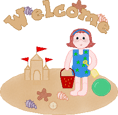 Cute Little Girl at Beach with Pail and Shovel, Shells and Ball Building Sand Castle "Welcome"